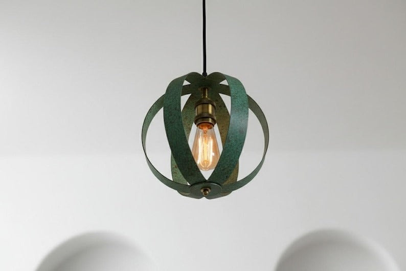 Handmade Moroccan Brass Open Cage Pendant Light – Verdigris Patina Brass Hanging Lamp with Exposed Bulb, Boho Mediterranean Orb Ceiling Light for Kitchen Island, Dining Room, Bedroom & Entryway