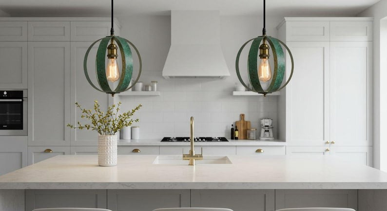Handmade Moroccan Brass Open Cage Pendant Light – Verdigris Patina Brass Hanging Lamp with Exposed Bulb, Boho Mediterranean Orb Ceiling Light for Kitchen Island, Dining Room, Bedroom & Entryway