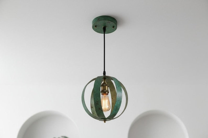 Handmade Moroccan Brass Open Cage Pendant Light – Verdigris Patina Brass Hanging Lamp with Exposed Bulb, Boho Mediterranean Orb Ceiling Light for Kitchen Island, Dining Room, Bedroom & Entryway