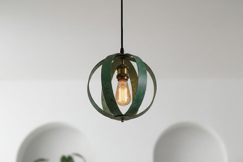 Handmade Moroccan Brass Open Cage Pendant Light – Verdigris Patina Brass Hanging Lamp with Exposed Bulb, Boho Mediterranean Orb Ceiling Light for Kitchen Island, Dining Room, Bedroom & Entryway