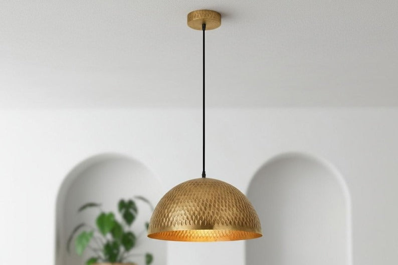 Handmade Moroccan Brass Dome Pendant Light – Hammered Antique Gold Brass Hanging Lamp with Diamond Texture, Warm Boho Mediterranean Ceiling Light for Kitchen Island, Dining Room & Living Room