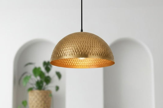 Handmade Moroccan Brass Dome Pendant Light – Hammered Antique Gold Brass Hanging Lamp with Diamond Texture, Warm Boho Mediterranean Ceiling Light for Kitchen Island, Dining Room & Living Room