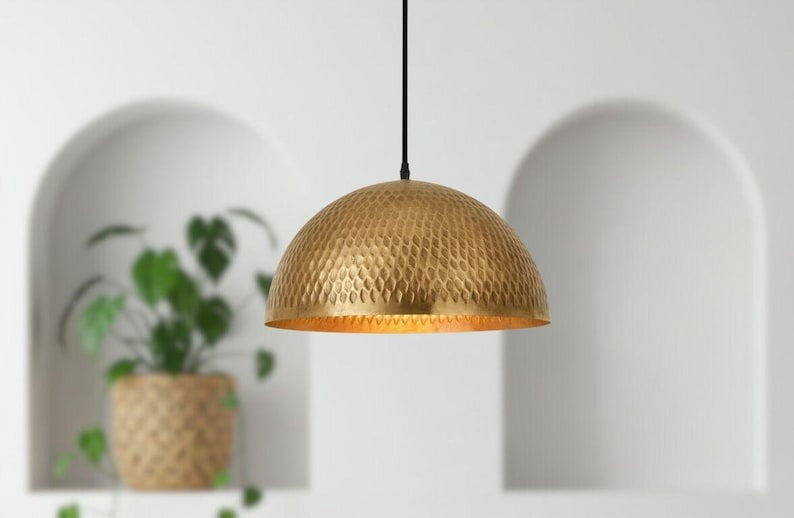 Handmade Moroccan Brass Dome Pendant Light – Hammered Antique Gold Brass Hanging Lamp with Diamond Texture, Warm Boho Mediterranean Ceiling Light for Kitchen Island, Dining Room & Living Room