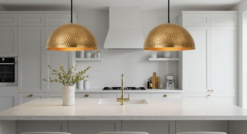 Handmade Moroccan Brass Dome Pendant Light – Hammered Antique Gold Brass Hanging Lamp with Diamond Texture, Warm Boho Mediterranean Ceiling Light for Kitchen Island, Dining Room & Living Room