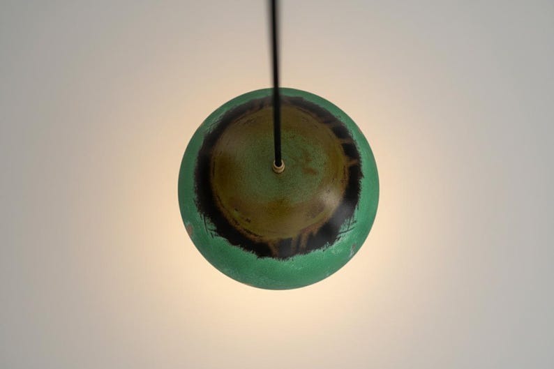 Handmade Moroccan Brass Globe Pendant Light – Green Patina Brass Hanging Lamp with Dark Aged Top & Warm Gold Interior, Boho Mediterranean Orb Ceiling Light for Kitchen Island, Dining Room, Bedroom & Entryway