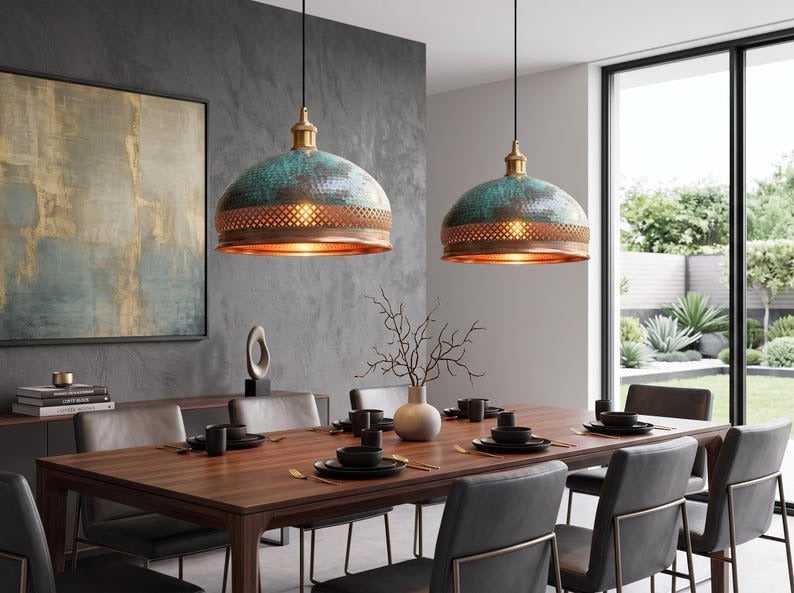 Handmade Moroccan Brass Dome Pendant Light – Hammered Green Verdigris Patina Hanging Lamp with Copper Lattice Band and Warm Gold Interior for Kitchen Island, Dining Room & Living Room