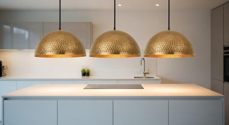 Handmade Moroccan Brass Dome Pendant Light – Hammered Antique Gold Brass Hanging Lamp with Diamond Texture, Warm Boho Mediterranean Ceiling Light for Kitchen Island, Dining Room & Living Room