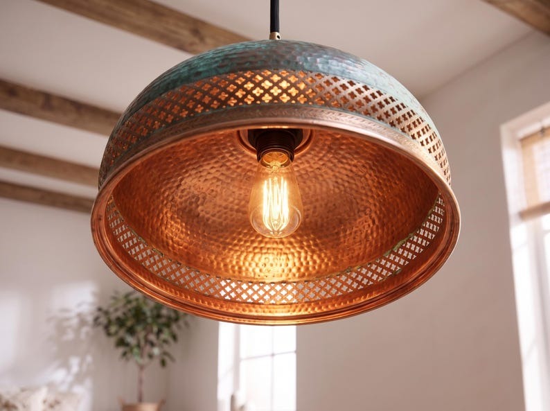 Handmade Moroccan Brass Dome Pendant Light – Hammered Green Verdigris Patina Hanging Lamp with Copper Lattice Band and Warm Gold Interior for Kitchen Island, Dining Room & Living Room