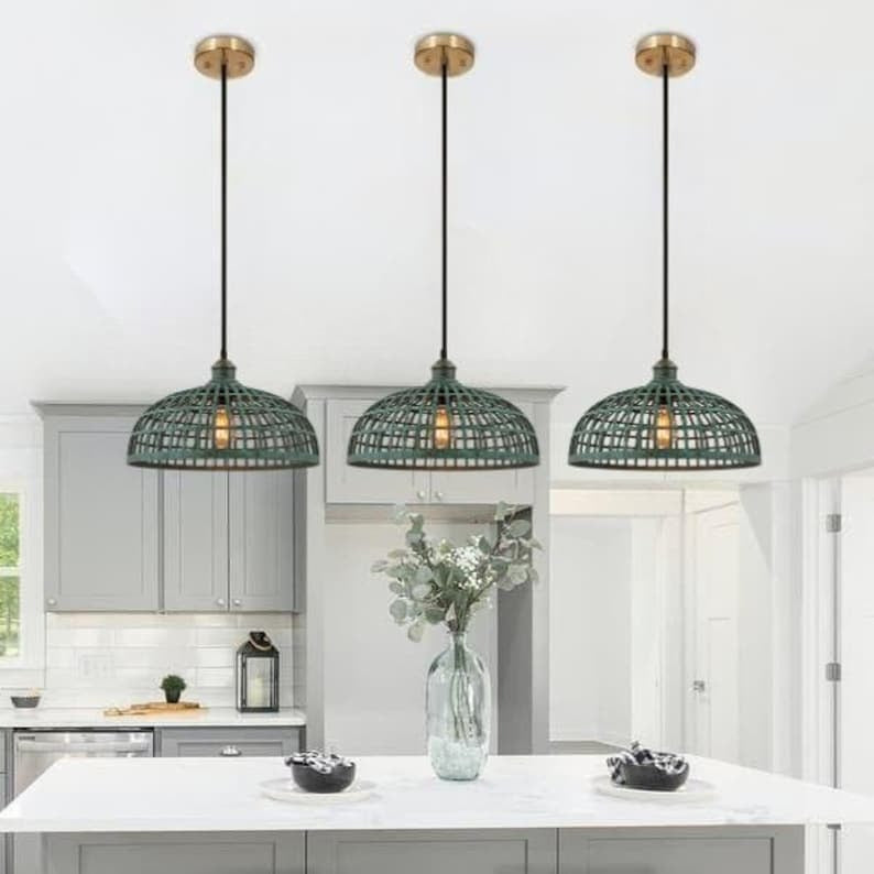 Handmade Green Patina Brass Pendant Light – Moroccan Open Grid Dome Hanging Lamp with Cage Cutout Design for Kitchen Island, Dining Room & Boho Home Décor