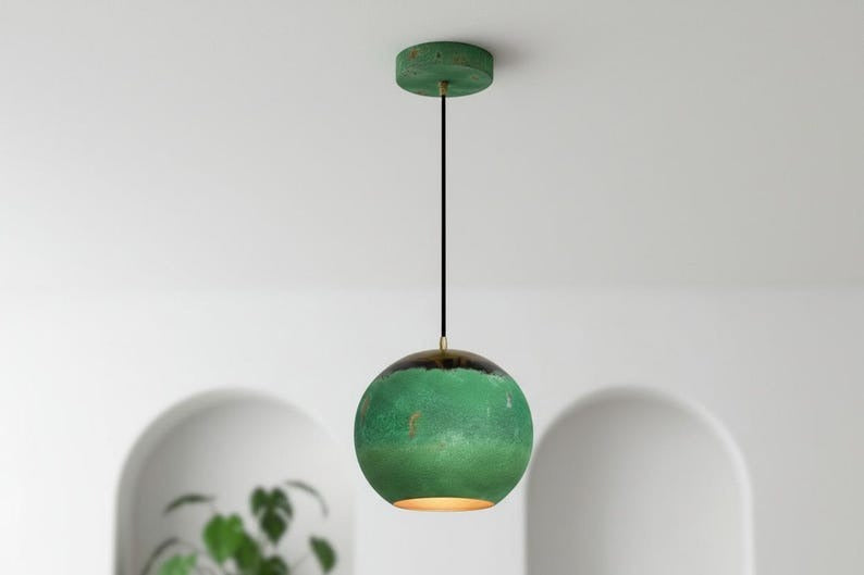 Handmade Moroccan Brass Globe Pendant Light – Green Patina Brass Hanging Lamp with Dark Aged Top & Warm Gold Interior, Boho Mediterranean Orb Ceiling Light for Kitchen Island, Dining Room, Bedroom & Entryway
