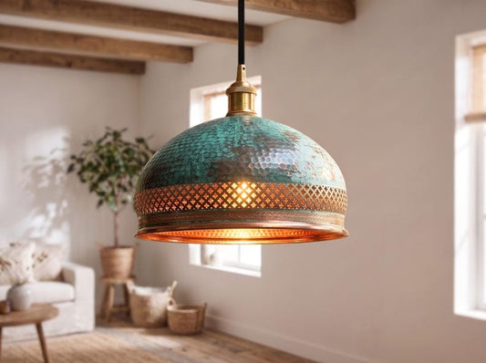 Handmade Moroccan Brass Dome Pendant Light – Hammered Green Verdigris Patina Hanging Lamp with Copper Lattice Band and Warm Gold Interior for Kitchen Island, Dining Room & Living Room
