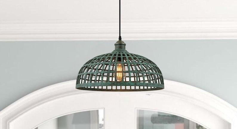 Handmade Green Patina Brass Pendant Light – Moroccan Open Grid Dome Hanging Lamp with Cage Cutout Design for Kitchen Island, Dining Room & Boho Home Décor