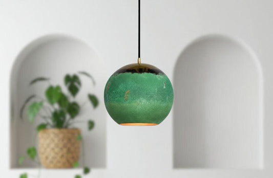 Handmade Moroccan Brass Globe Pendant Light – Green Patina Brass Hanging Lamp with Dark Aged Top & Warm Gold Interior, Boho Mediterranean Orb Ceiling Light for Kitchen Island, Dining Room, Bedroom & Entryway