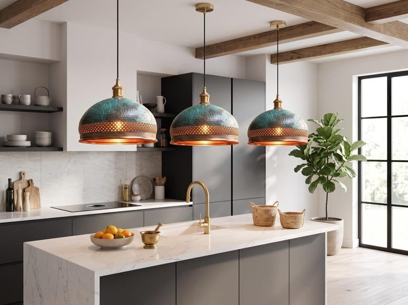 Handmade Moroccan Brass Dome Pendant Light – Hammered Green Verdigris Patina Hanging Lamp with Copper Lattice Band and Warm Gold Interior for Kitchen Island, Dining Room & Living Room