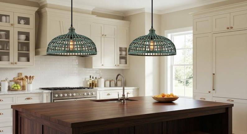 Handmade Green Patina Brass Pendant Light – Moroccan Open Grid Dome Hanging Lamp with Cage Cutout Design for Kitchen Island, Dining Room & Boho Home Décor