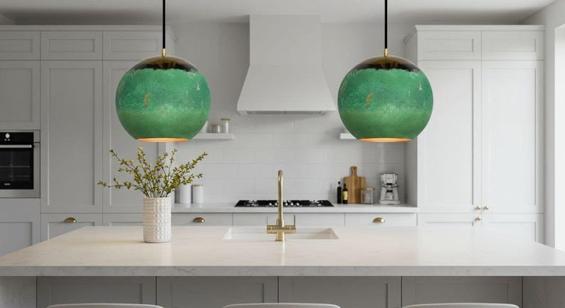 Handmade Moroccan Brass Globe Pendant Light – Green Patina Brass Hanging Lamp with Dark Aged Top & Warm Gold Interior, Boho Mediterranean Orb Ceiling Light for Kitchen Island, Dining Room, Bedroom & Entryway