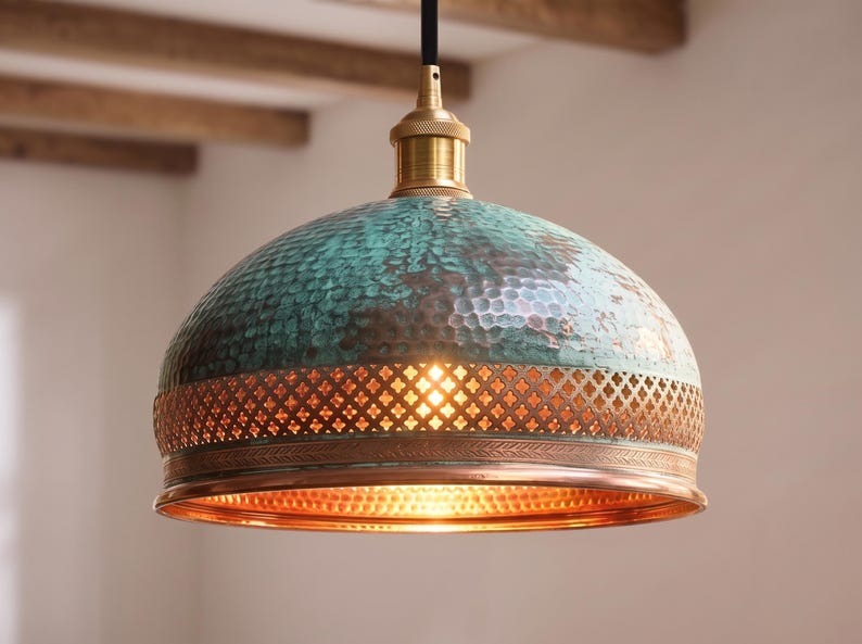 Handmade Moroccan Brass Dome Pendant Light – Hammered Green Verdigris Patina Hanging Lamp with Copper Lattice Band and Warm Gold Interior for Kitchen Island, Dining Room & Living Room