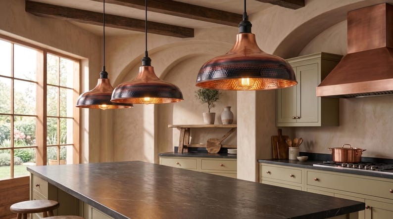 Handmade Brass Moroccan Pendant Light – Copper & Black Hammered Brass Dome Hanging Lamp, Rustic Kitchen Island Ceiling Light Fixture