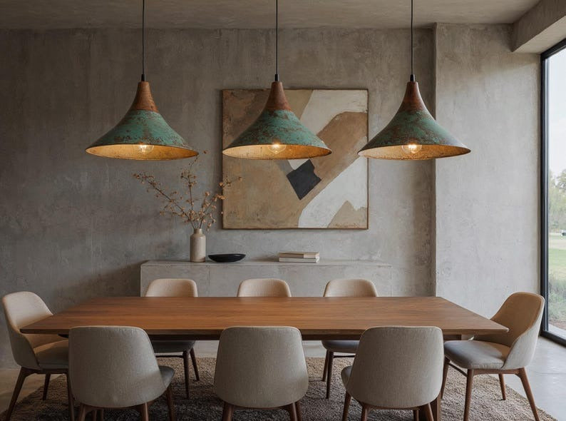 Green Patina Copper Cone Pendant Light, Handmade Moroccan Verdigris Hanging Lamp, Rustic Copper Kitchen Island Chandelier, Boho Farmhouse Ceiling Light Fixture