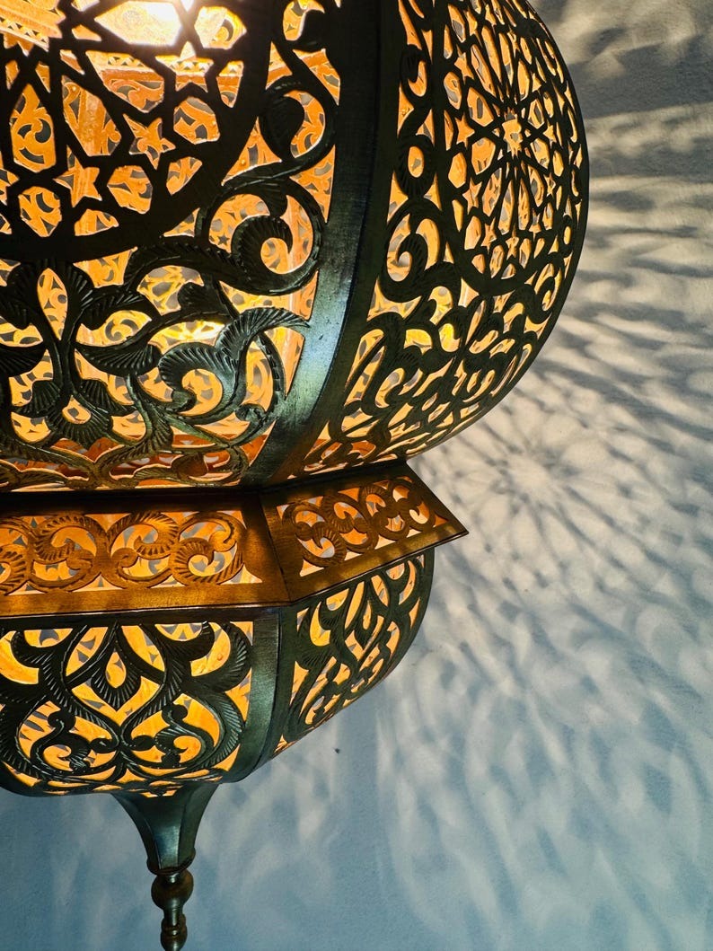 Handmade Moroccan Brass Lantern Pendant Light – Pierced Arabic Hanging Lamp with Shadow Effect