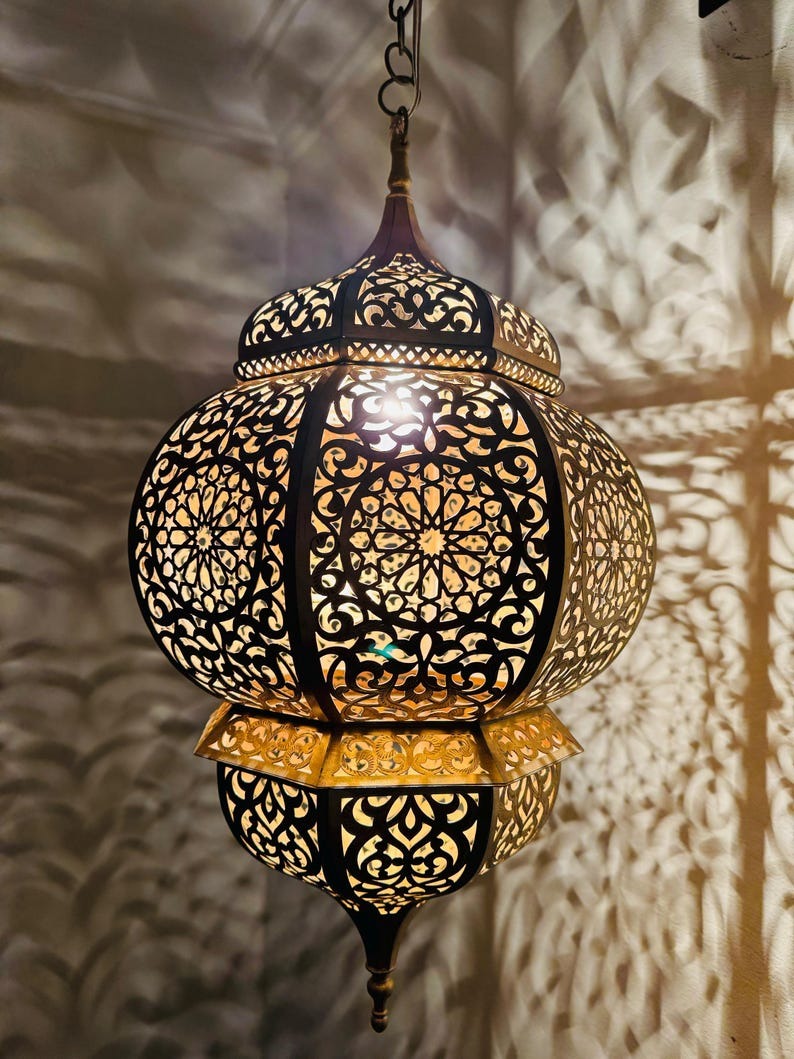 Handmade Moroccan Brass Lantern Pendant Light – Pierced Arabic Hanging Lamp with Shadow Effect