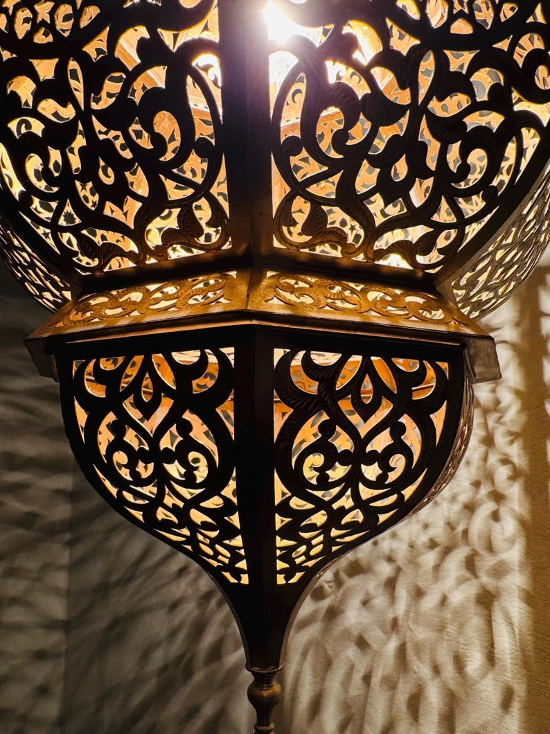 Handmade Moroccan Brass Lantern Pendant Light – Pierced Arabic Hanging Lamp with Shadow Effect