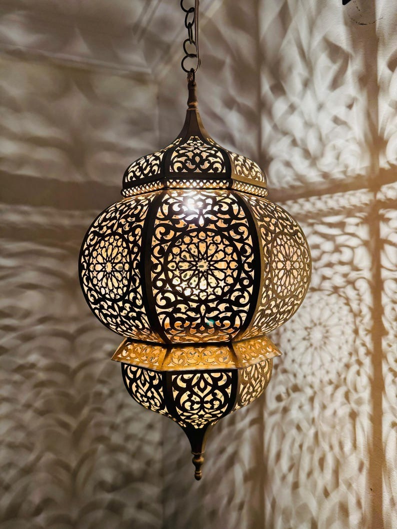 Handmade Moroccan Brass Lantern Pendant Light – Pierced Arabic Hanging Lamp with Shadow Effect