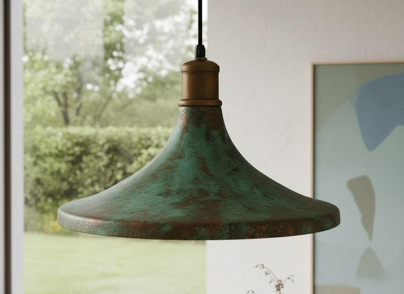 Handmade Green Patina Brass Pendant Light – Moroccan Wide Dome Hanging Lamp for Kitchen Island, Dining Room, Living Room & Boho Home Decor