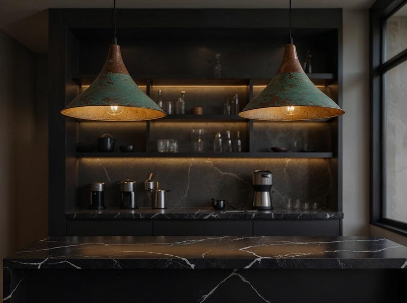 Green Patina Copper Cone Pendant Light, Handmade Moroccan Verdigris Hanging Lamp, Rustic Copper Kitchen Island Chandelier, Boho Farmhouse Ceiling Light Fixture