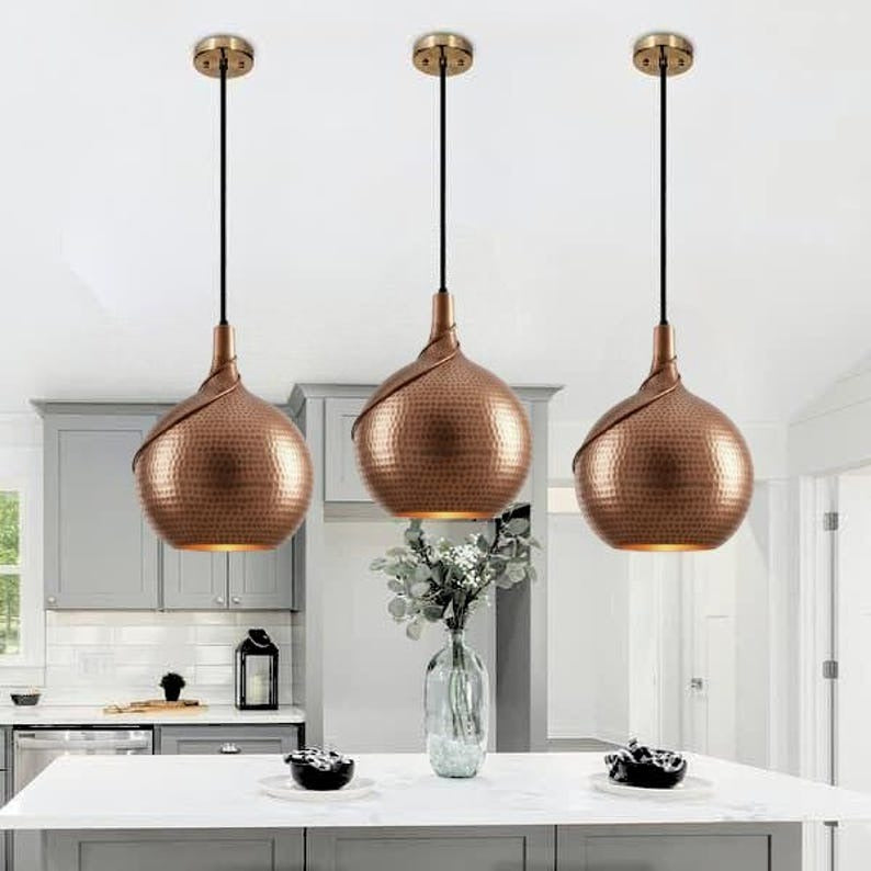 Handmade Hammered Brass Pendant Light – Moroccan Teardrop Copper Brass Hanging Lamp for Kitchen Island, Dining Room & Boho Home Décor