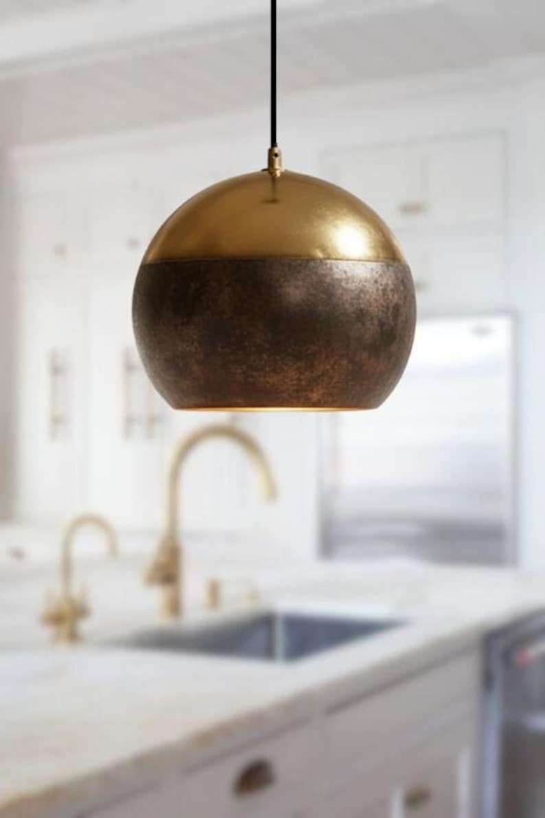 Handmade Two Tone Brass Pendant Light – Moroccan Dome Hanging Lamp with Gold Brass & Dark Antique Finish for Kitchen Island, Dining Room & Boho Home Décor