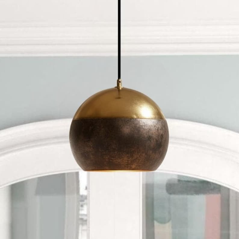 Handmade Two Tone Brass Pendant Light – Moroccan Dome Hanging Lamp with Gold Brass & Dark Antique Finish for Kitchen Island, Dining Room & Boho Home Décor