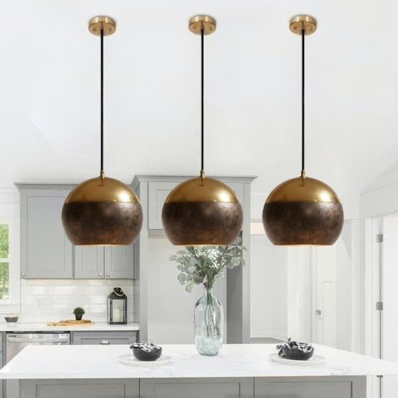 Handmade Two Tone Brass Pendant Light – Moroccan Dome Hanging Lamp with Gold Brass & Dark Antique Finish for Kitchen Island, Dining Room & Boho Home Décor