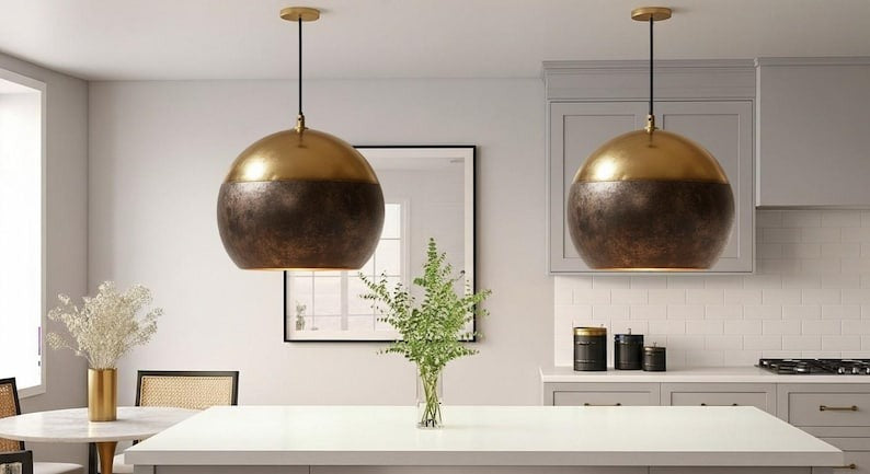 Handmade Two Tone Brass Pendant Light – Moroccan Dome Hanging Lamp with Gold Brass & Dark Antique Finish for Kitchen Island, Dining Room & Boho Home Décor
