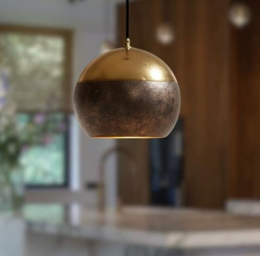 Handmade Two Tone Brass Pendant Light – Moroccan Dome Hanging Lamp with Gold Brass & Dark Antique Finish for Kitchen Island, Dining Room & Boho Home Décor