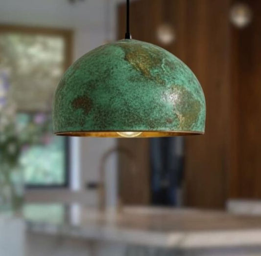 Handmade Green Patina Brass Pendant Light – Moroccan Dome Hanging Lamp with Warm Brass Interior for Kitchen Island, Dining Room & Boho Home Décor