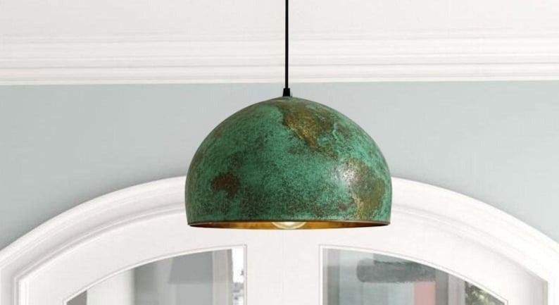 Handmade Green Patina Brass Pendant Light – Moroccan Dome Hanging Lamp with Warm Brass Interior for Kitchen Island, Dining Room & Boho Home Décor