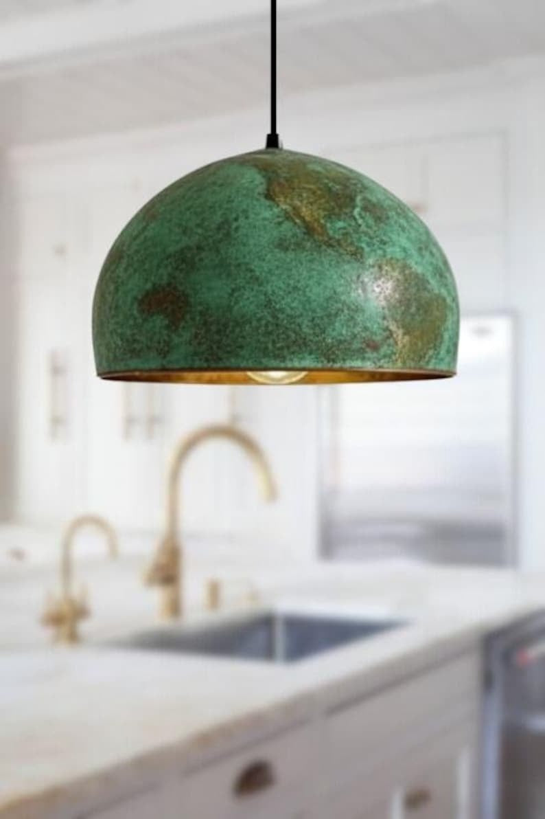 Handmade Green Patina Brass Pendant Light – Moroccan Dome Hanging Lamp with Warm Brass Interior for Kitchen Island, Dining Room & Boho Home Décor