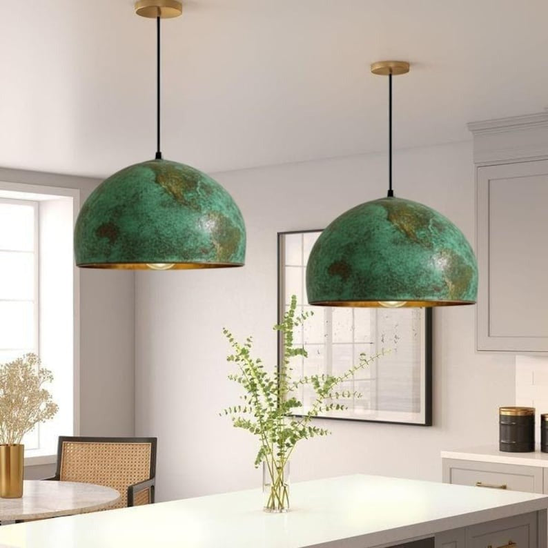 Handmade Green Patina Brass Pendant Light – Moroccan Dome Hanging Lamp with Warm Brass Interior for Kitchen Island, Dining Room & Boho Home Décor