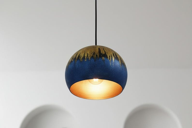 Handmade Moroccan Brass Dome Pendant Light – Blue Brass Hanging Lamp with Aged Gold Patina Drip Finish, Warm Copper Interior Ceiling Light for Kitchen Island, Dining Room, Bedroom, Entryway & Living Room