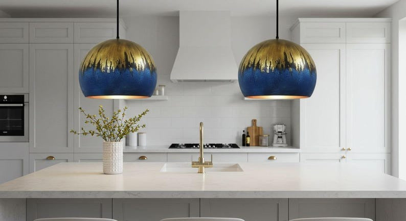 Handmade Moroccan Brass Dome Pendant Light – Blue Brass Hanging Lamp with Aged Gold Patina Drip Finish, Warm Copper Interior Ceiling Light for Kitchen Island, Dining Room, Bedroom, Entryway & Living Room