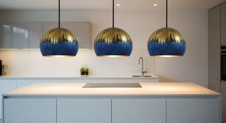 Handmade Moroccan Brass Dome Pendant Light – Blue Brass Hanging Lamp with Aged Gold Patina Drip Finish, Warm Copper Interior Ceiling Light for Kitchen Island, Dining Room, Bedroom, Entryway & Living Room