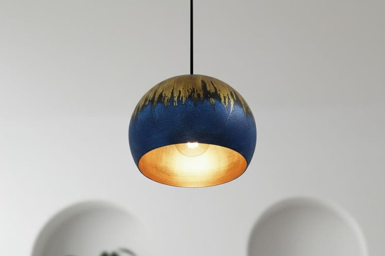 Handmade Moroccan Brass Dome Pendant Light – Blue Brass Hanging Lamp with Aged Gold Patina Drip Finish, Warm Copper Interior Ceiling Light for Kitchen Island, Dining Room, Bedroom, Entryway & Living Room