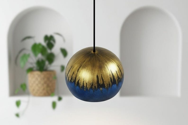 Handmade Moroccan Brass Dome Pendant Light – Blue Brass Hanging Lamp with Aged Gold Patina Drip Finish, Warm Copper Interior Ceiling Light for Kitchen Island, Dining Room, Bedroom, Entryway & Living Room