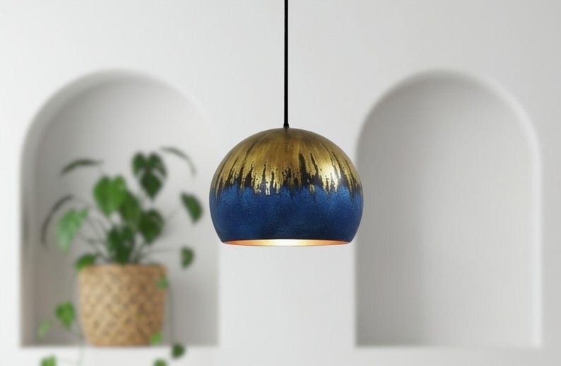 Handmade Moroccan Brass Dome Pendant Light – Blue Brass Hanging Lamp with Aged Gold Patina Drip Finish, Warm Copper Interior Ceiling Light for Kitchen Island, Dining Room, Bedroom, Entryway & Living Room