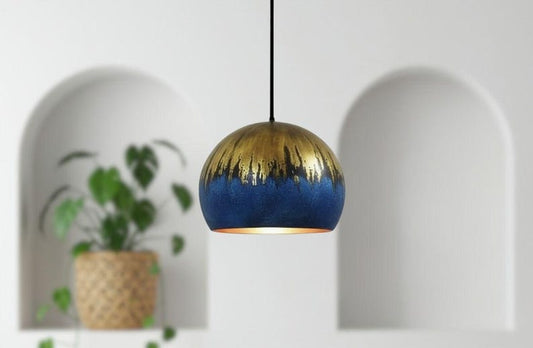 Handmade Moroccan Brass Dome Pendant Light – Blue Brass Hanging Lamp with Aged Gold Patina Drip Finish, Warm Copper Interior Ceiling Light for Kitchen Island, Dining Room, Bedroom, Entryway & Living Room