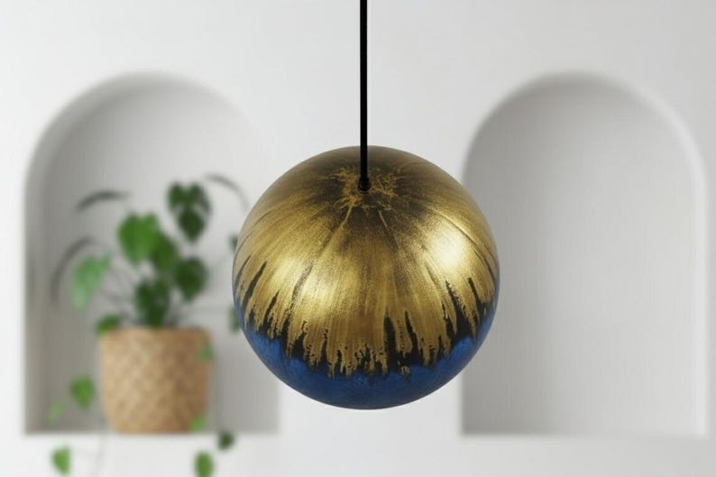 Handmade Moroccan Brass Dome Pendant Light – Blue Brass Hanging Lamp with Aged Gold Patina Drip Finish, Warm Copper Interior Ceiling Light for Kitchen Island, Dining Room, Bedroom, Entryway & Living Room