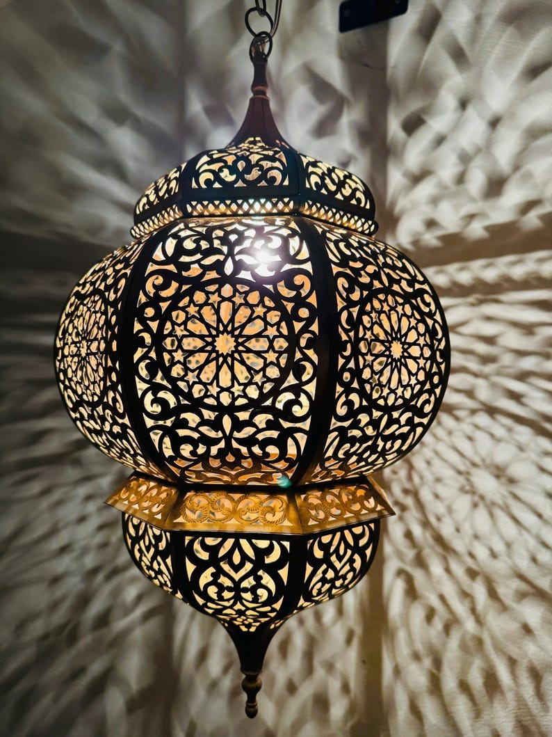 Handmade Moroccan Brass Lantern Pendant Light – Pierced Arabic Hanging Lamp with Shadow Effect