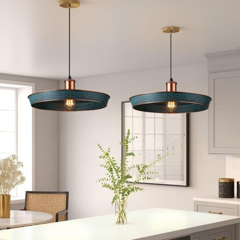 Handmade Blue Patina Brass Pendant Light – Moroccan Wide Saucer Hanging Lamp with Copper Brass Hardware for Kitchen Island, Dining Room & Boho Home Décor