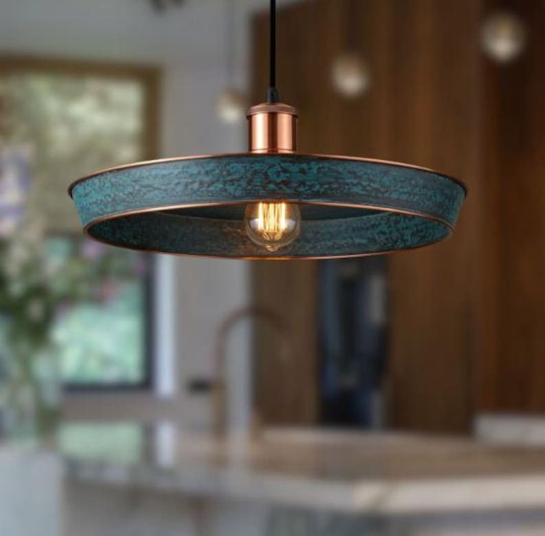 Handmade Blue Patina Brass Pendant Light – Moroccan Wide Saucer Hanging Lamp with Copper Brass Hardware for Kitchen Island, Dining Room & Boho Home Décor